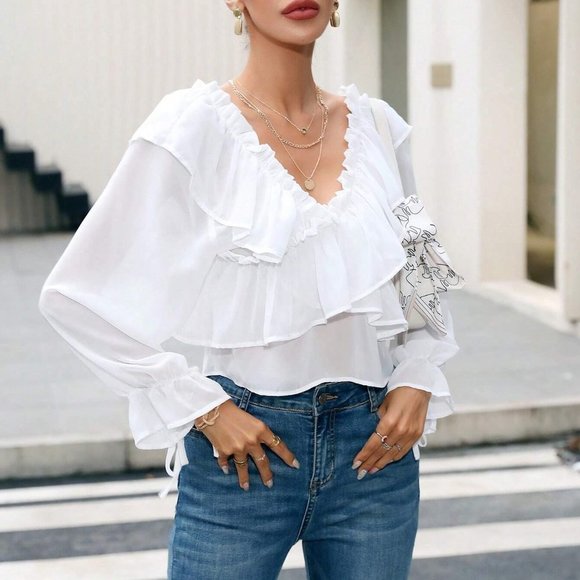 White Boho Womens Off Shoulder Ruffle Trim Flounce Sleeve Blouse - Picture 3 of 5